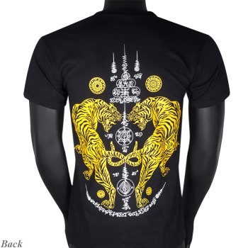 Футболка Тайская Сак Янт Тату Хлопок "2 Tigers" Черная с Золотом